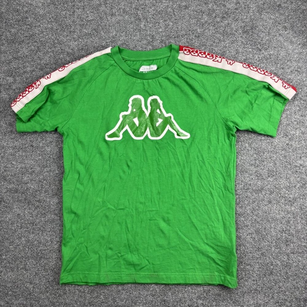 Kappa Shirt Mens Small Green Logo Tape Sleeve T-Shirt‎ Soccer Athletic Retro